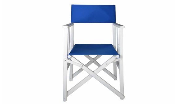 cadira de cinema de fusta blanca amb tela blava