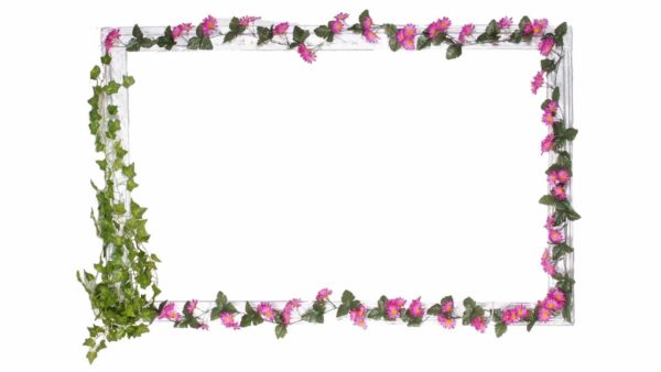 marc blanc de porexpan amb enrredadera de fulles i flors liles